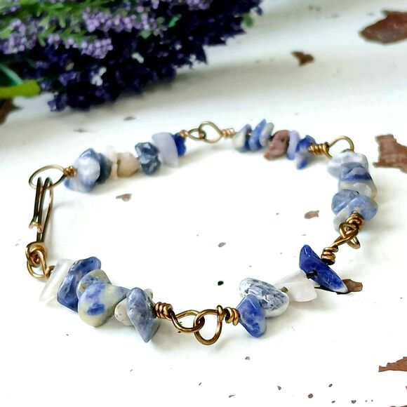 Sodalite Gemstone Bracelet, Crystal Bracelet, Bronze Jewelry, 8" - Picture 1 of 4